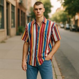 Hunt Club Vertical Stripe Cotton Button Front Short Sleeve Shirt Red Large Tall